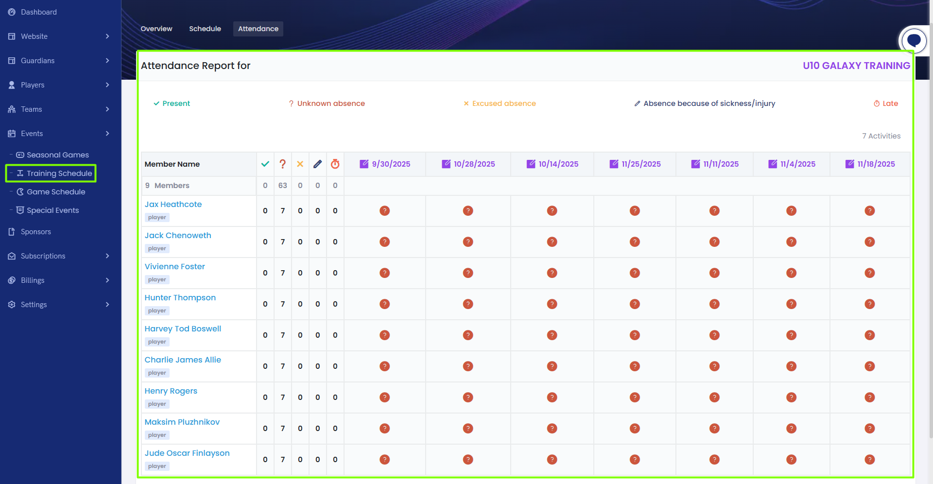 Training Schedule  Attendance  Tracking 