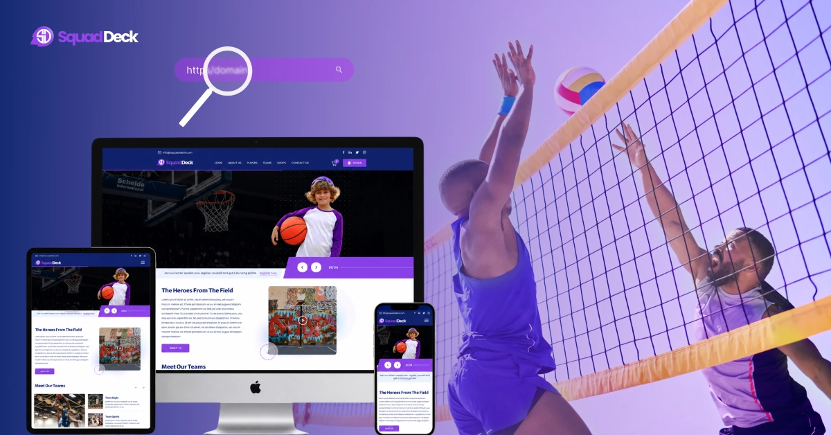 sports club website, custom domain for sports club, sports club homepage, club website builder, SquadDeck website feature