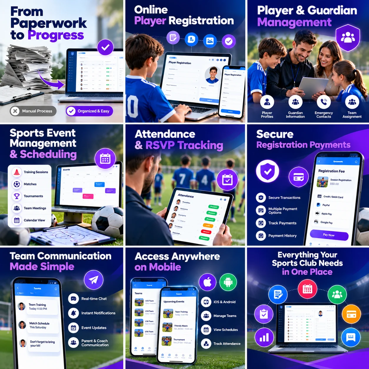 Sports club management infographic showing online player registration, event scheduling, attendance, communication and mobile access.
