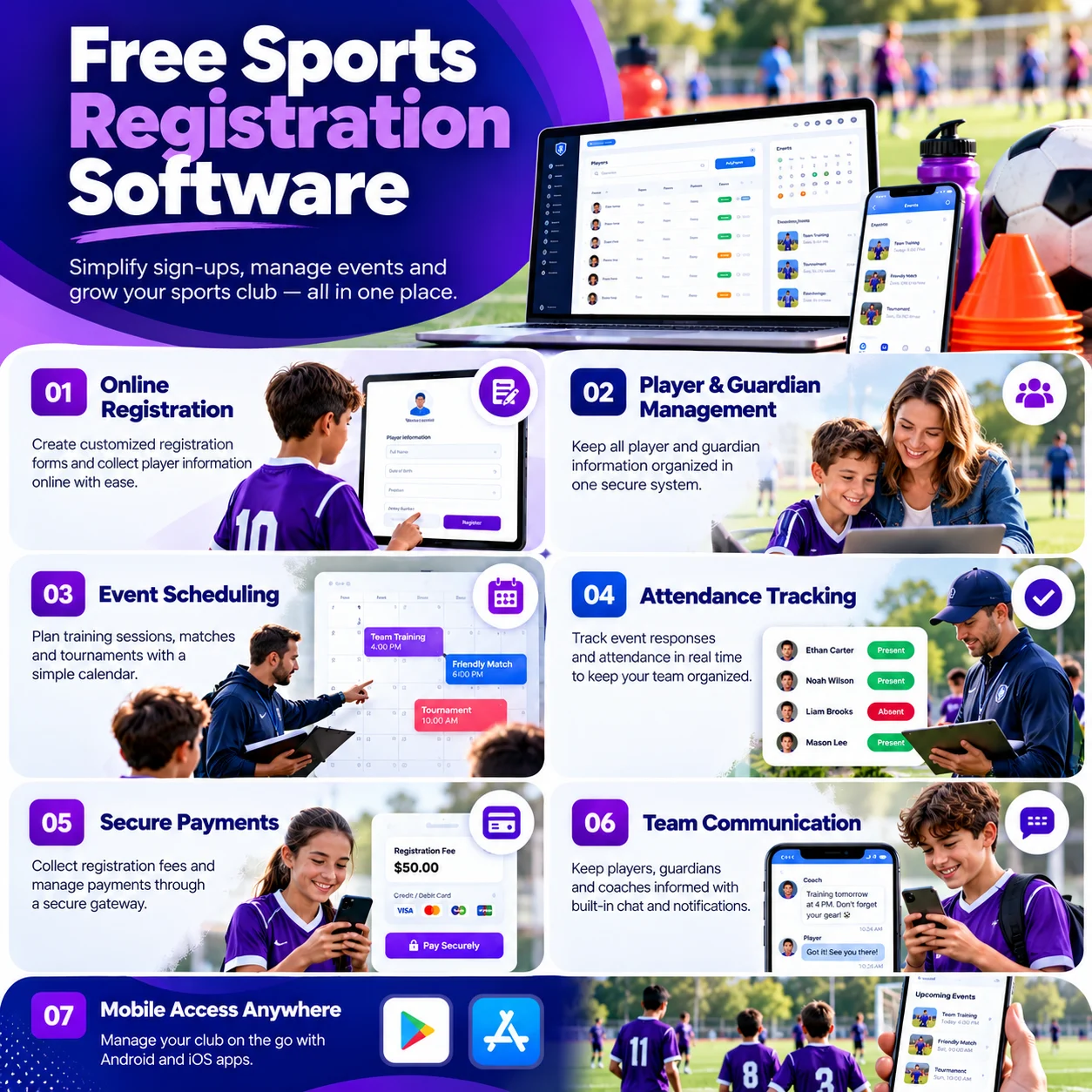 Free sports registration software features including online registration, event scheduling, attendance, payments and team communication.